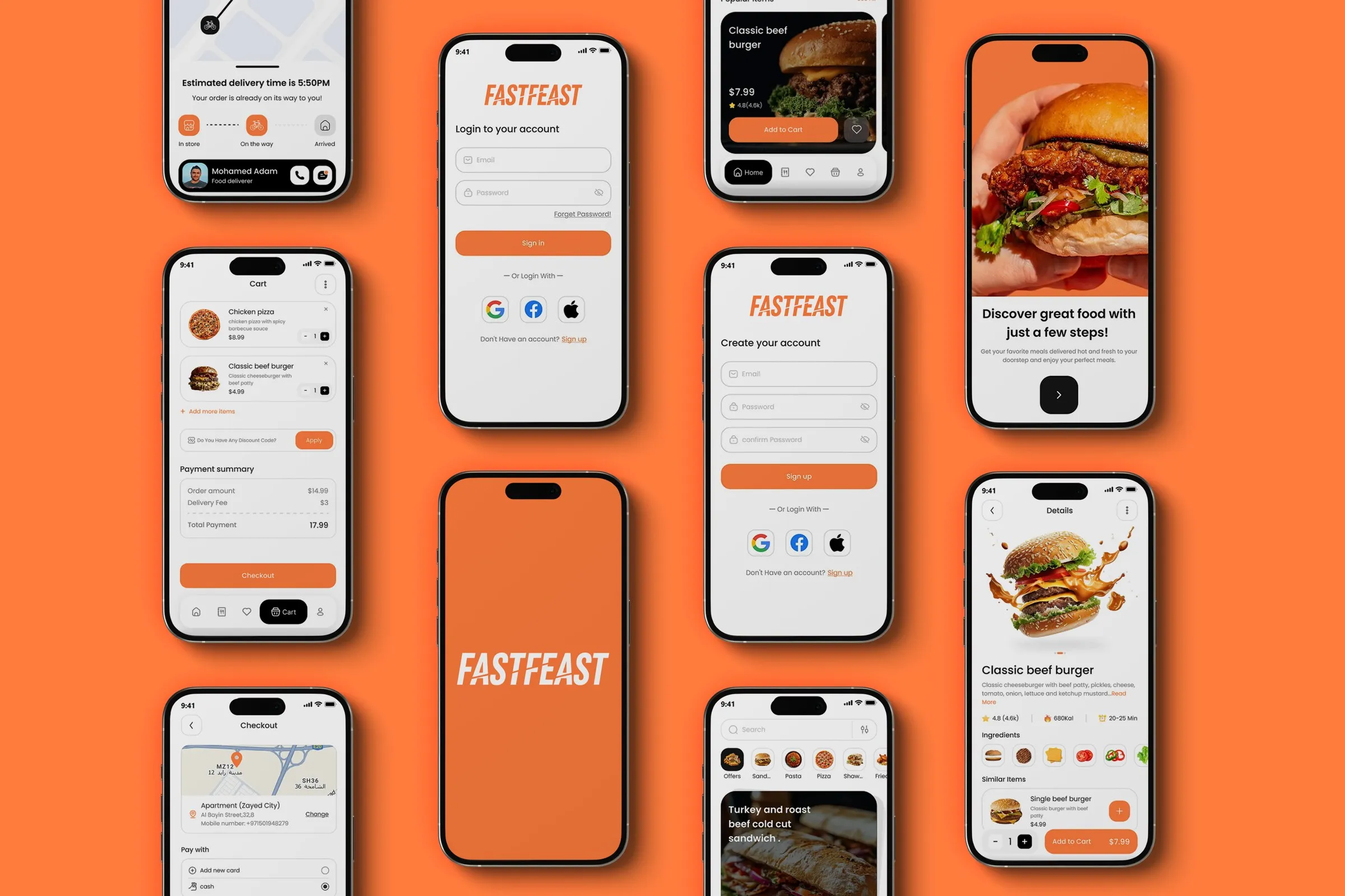 FastFeast app screens laid out on an orange background