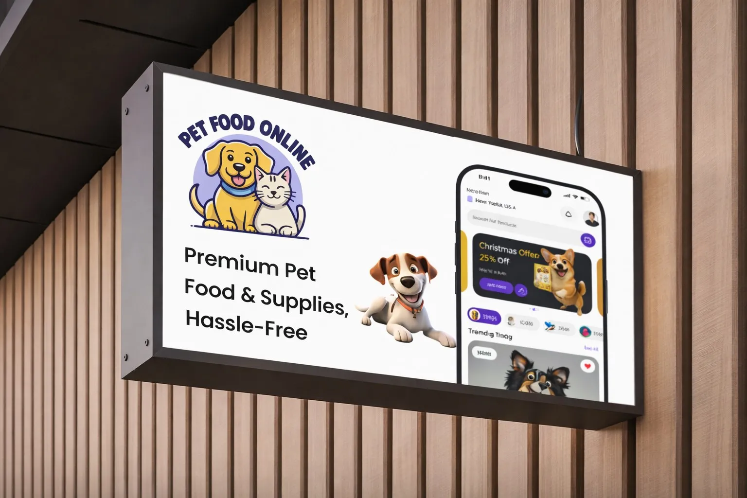 Pet Food Online lightbox sign showing the logo and the app