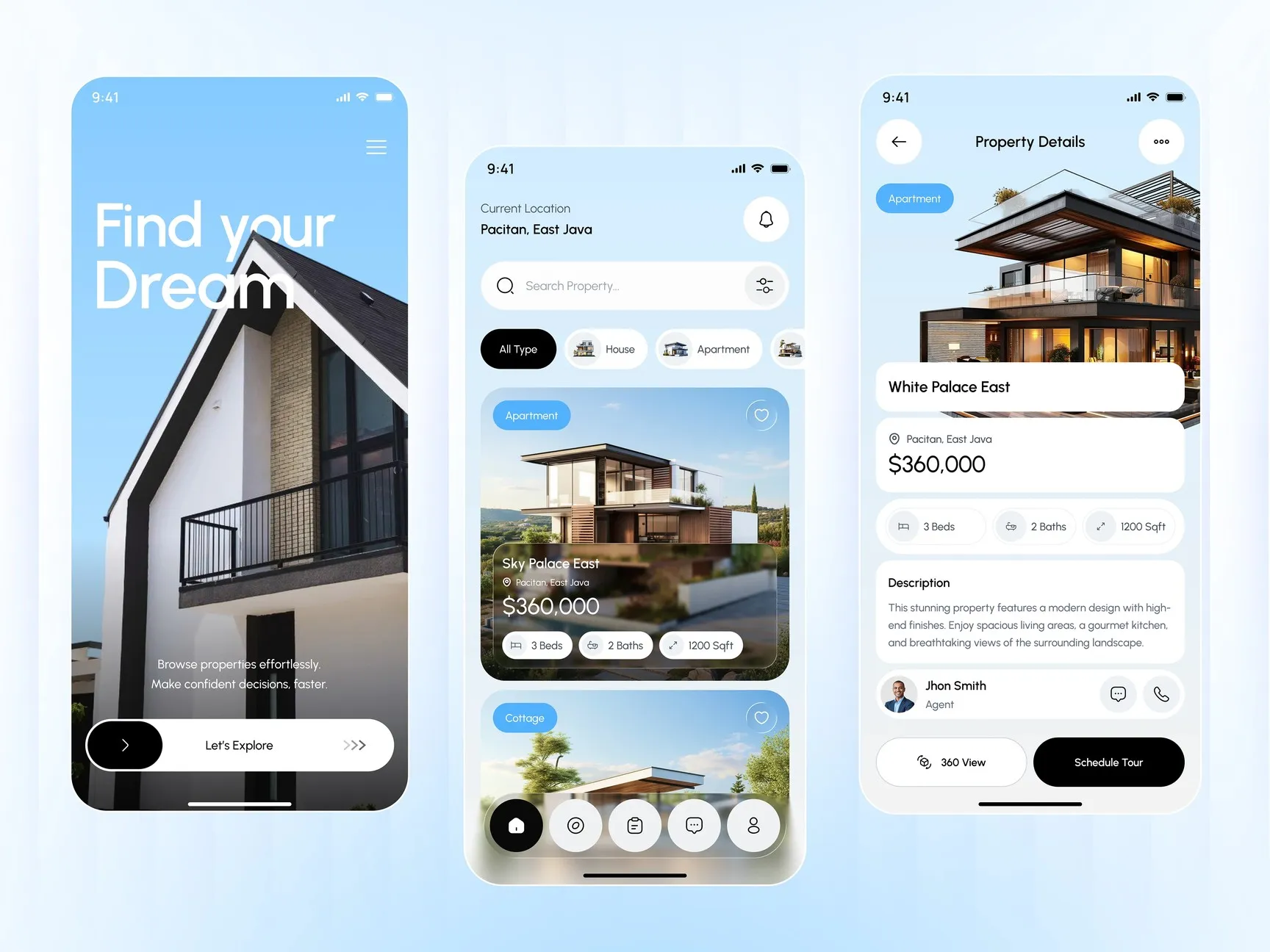 Real estate app welcome, listings and property details screens